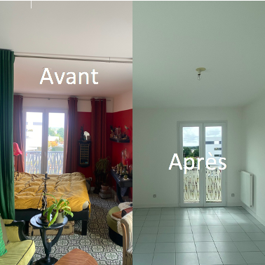 Avant/Après un service de Vide-maison appartement Comparaison Avant/après : à gauche, pièce avant vide maison (Chargée de meuble et décoration) ; à droite, après (Entièrement vide et claire)