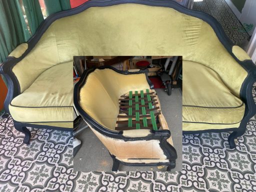 Restauration de meubles Avant/Après Avant : Corbeille en mauvais état et sans tissus ni mousse et la même Corbeille de style retapissée de velours vert après restauration