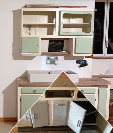 Aménégement et décoration : Avant/Aprèsnt Meuble mado Crême et vert réutilisé en dans une cuisine sous et au dessus de l'évier et le même meuble dans son jus avant réutilisation