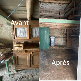 Service de débarras Avant/Après Garage remise dépendance avec mezzanine entièrement vidés et nettoyés . Le même, encombré d'un grand meuble vaisselier, table et cartons.