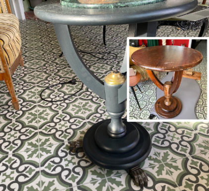 Relooking de meubles Avant/Après Photo avant d'un guéridon rond au socle rond en bois et le même après relooking, repeint en noir et 3 pieds de lion napoléon III au socle.