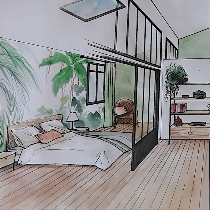 Étude d'une pièce livrée en Homme staging avant vente Dessin d'un studio épuré dépersonnalisé avec le strict nécessaire : Lit, table chevet, plantes, 1 fauteuil, petit meuble bibiothèque.