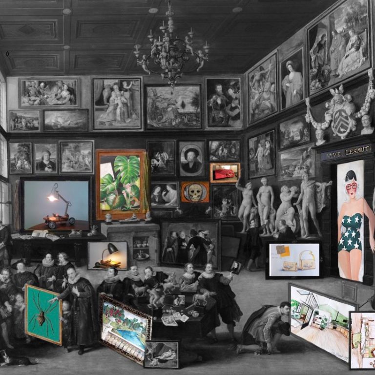 Créations des Artisans & Artistesà Les Alchimistes A&A Tableau représentant un cabinet de curiosité en noir et blanc et créations uniques par les Alchimistes A&A Artisans et Artistes en couleur.