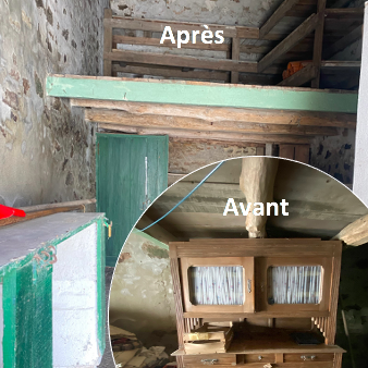 Service de débarras Avan/Après intervention. Garage avec mezzanine remise entièrement vidé et nettoyé . Le même encombré d'un grand meuble vaisselier, table et cartons.